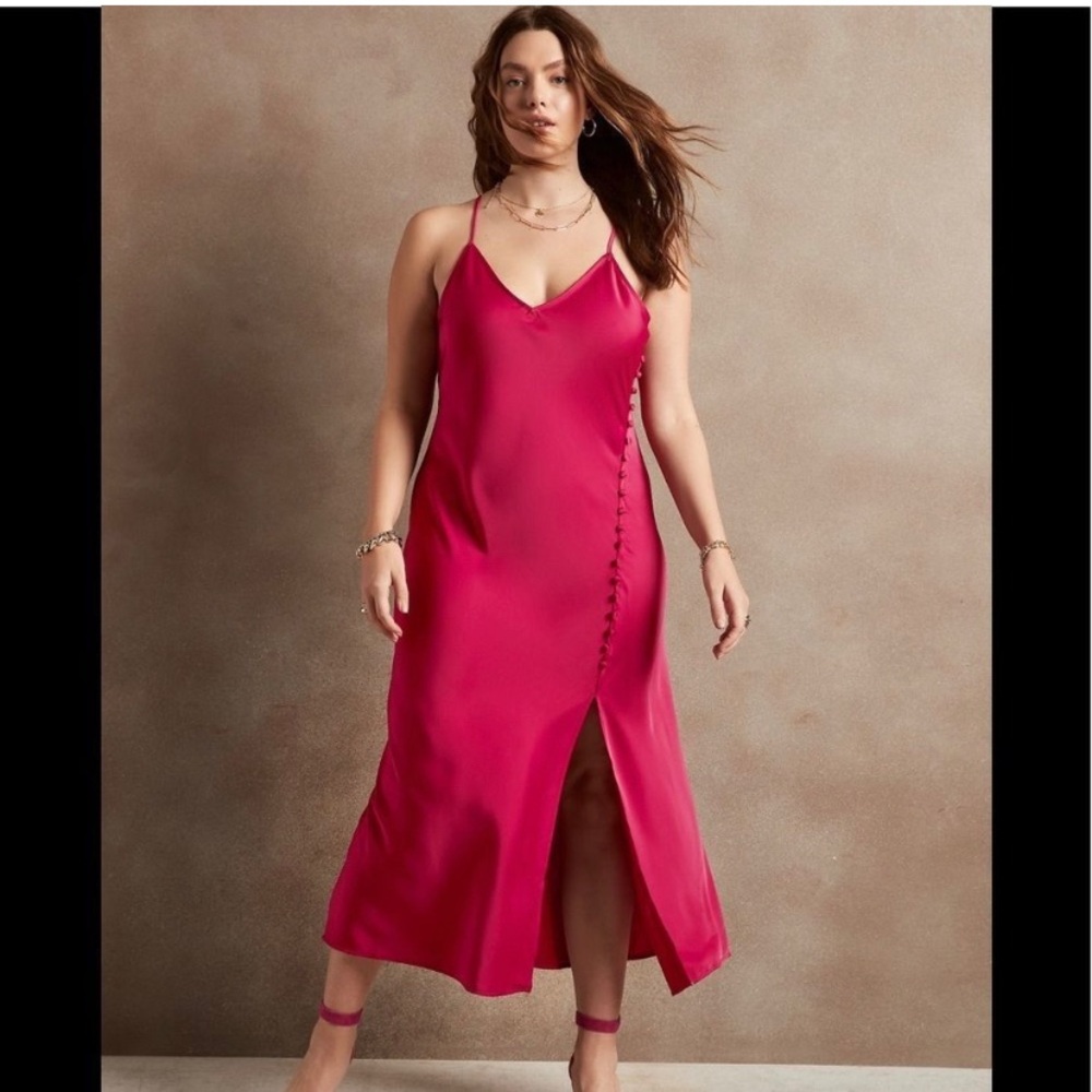 Banana Republic Satin Midi Slip Dress with Covered Buttons